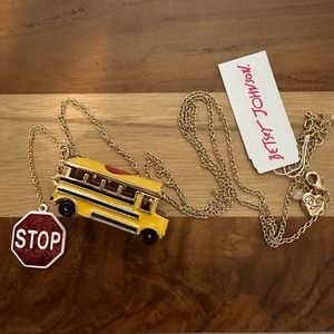 Betsey Johnson BACK TO SCHOOL Gold Tone Yellow Bus Heart Locket Long Necklace